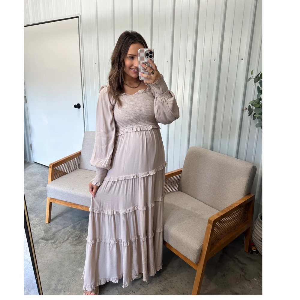 Chic Beige Long Sleeve Maxi Dress